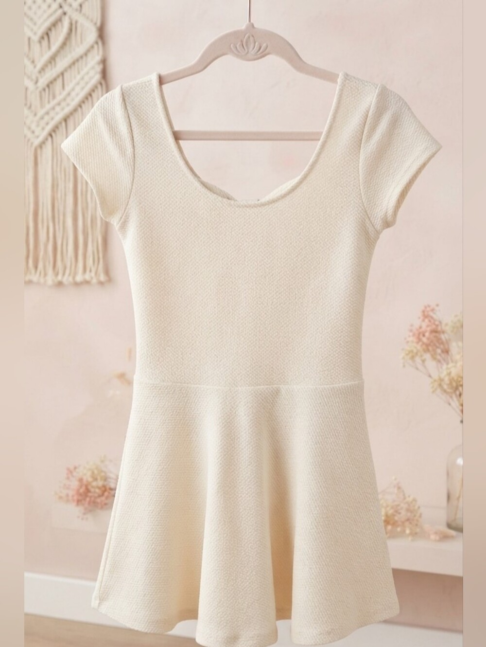 Textured Ivory Fit-and-Flare Short Sleeve Dress